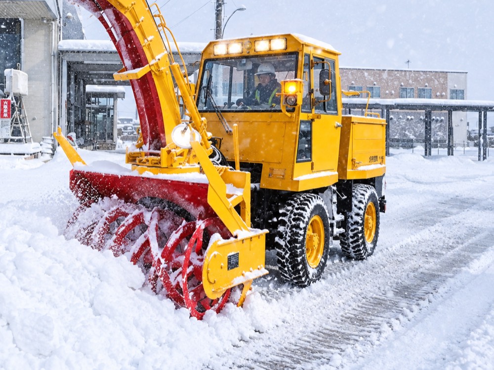 ロータリー除雪車で雪を飛ばして除雪している様子